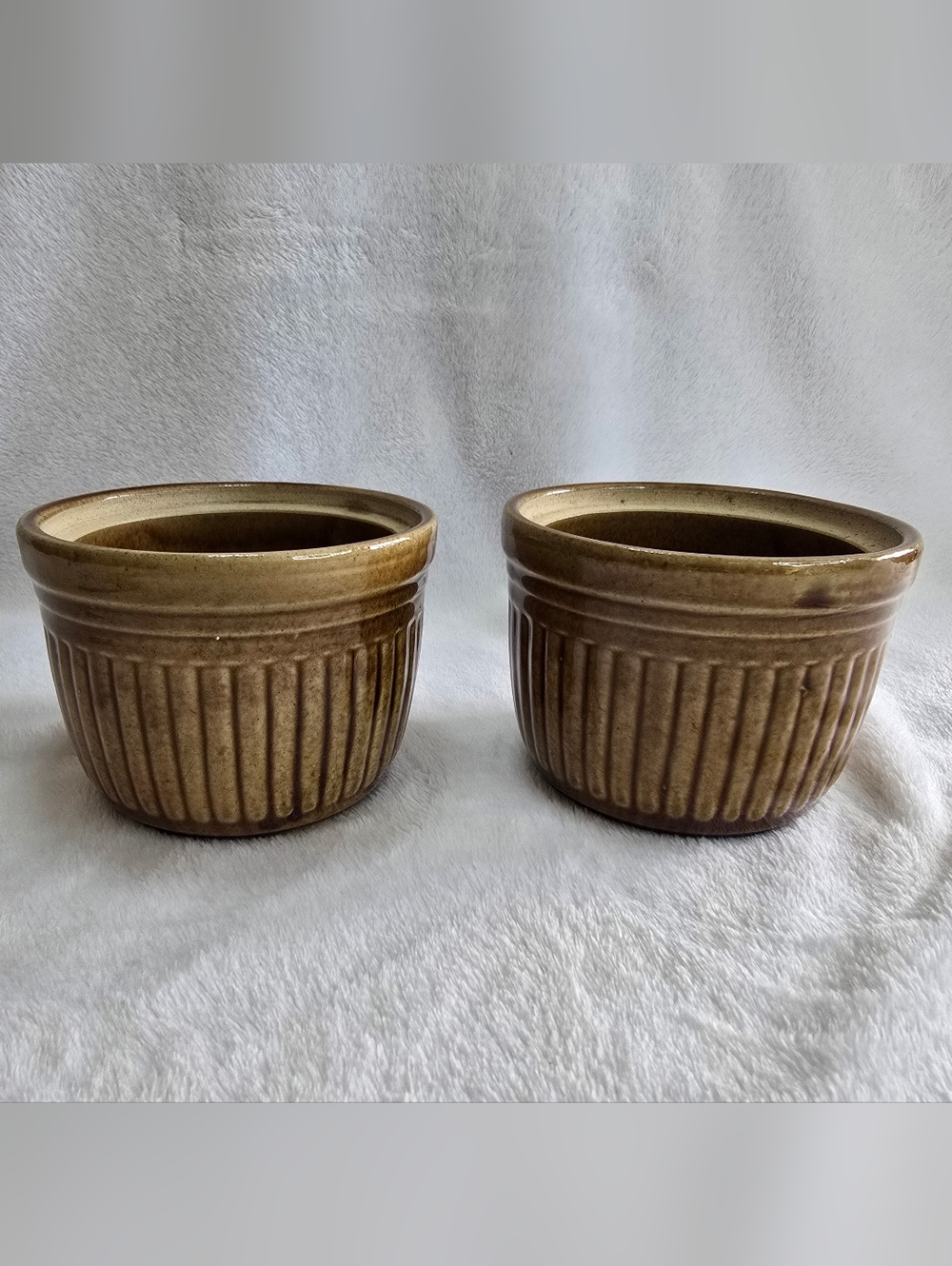 Vintage McCoy Brown Ribbed Stoneware Crocks Set of 2, Mid-Century Made in the US